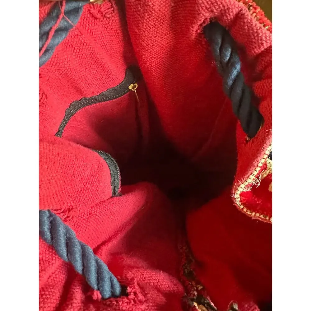 Vintage Kilim Tapestry Backpack Travel Bag Red Multicolor Drawstring Boho